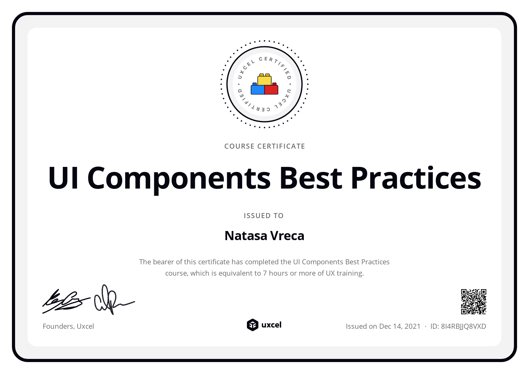 Natasa Vreca's certificate